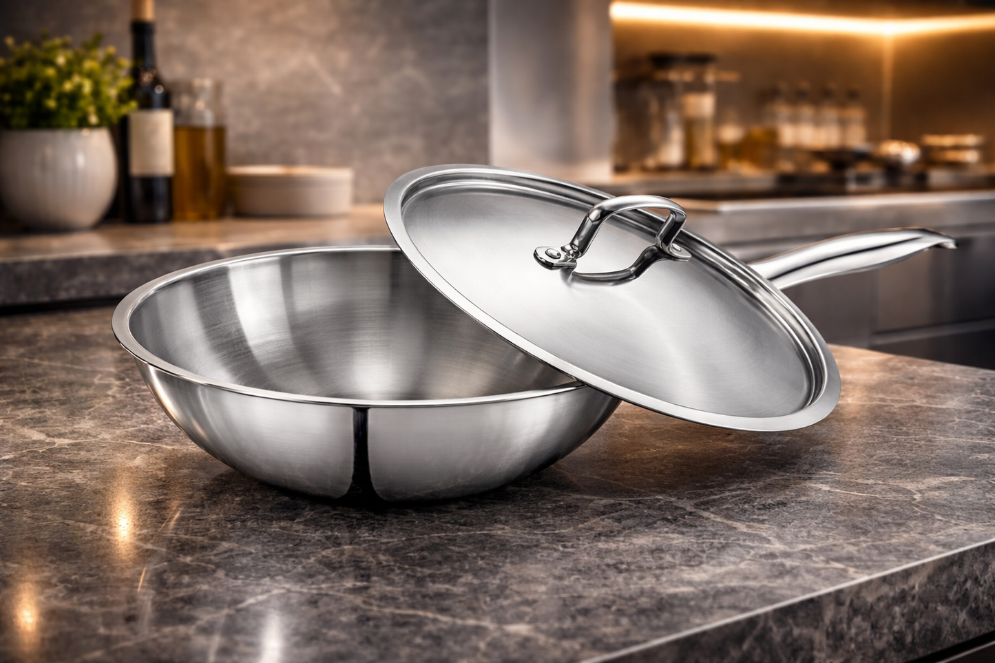 WEKTU Premium 22cm Tri-Ply Stainless Steel Wok with Lid – 2.2 Litre Induction Compatible Deep Stir-Fry Pan