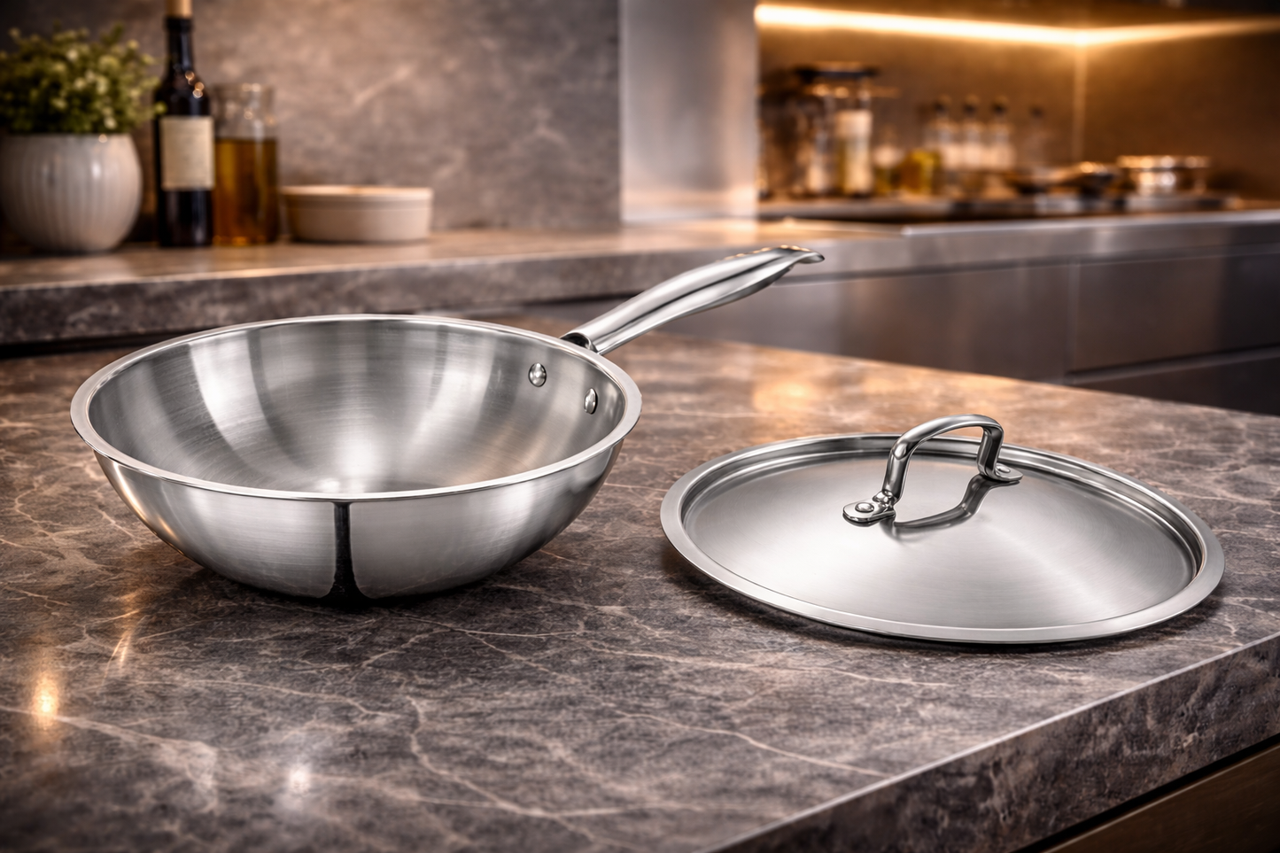 WEKTU Premium 24cm Tri-Ply Stainless Steel Wok with Lid – 3 Litre Family-Sized Induction Compatible Stir-Fry Pan