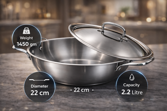 WEKTU Premium 22cm Tri-Ply Stainless Steel Kadhai with Lid – 2.2 Litre Induction Compatible Deep Fry Pan & Stir-Fry Wok