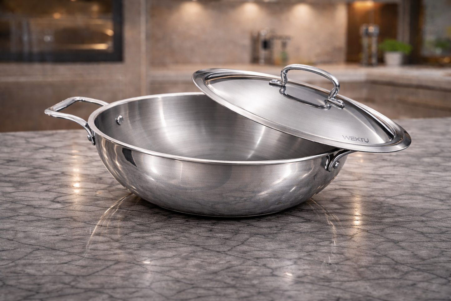 WEKTU Premium 24cm Tri-Ply Stainless Steel Kadhai with Lid – 3 Litre Induction Compatible Deep Stir-Fry Pan & Wok