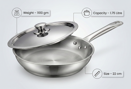 WEKTU Premium 22cm Stainless Steel Frypan with Heavy Induction Bottom – 1.75L Capacity Skillet with Stainless Steel Lid