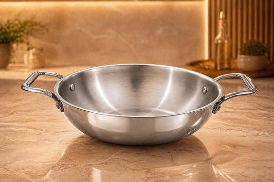 WEKTU Premium 24cm Tri-Ply Stainless Steel Kadhai – 3 Litre Family-Sized Induction Compatible Deep Fry Pan
