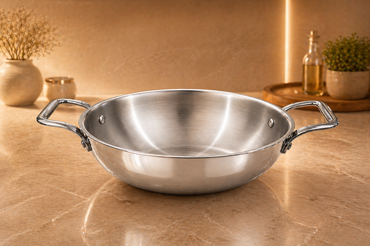 WEKTU Premium 22cm Tri-Ply Stainless Steel Kadhai – 2.2 Litre Induction Compatible Deep Fry Pan (2.5mm Heavy Gauge)