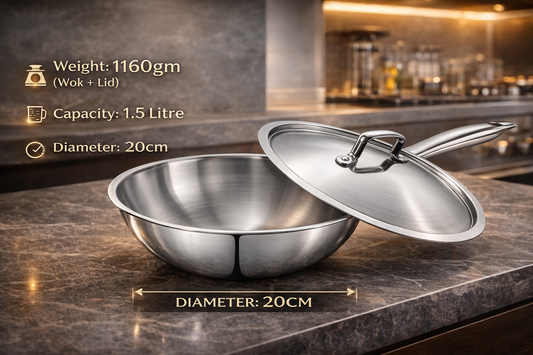 WEKTU Premium 20cm Tri-Ply Stainless Steel Wok with Lid – 1.5 Litre Induction Compatible Deep Stir-Fry Pan