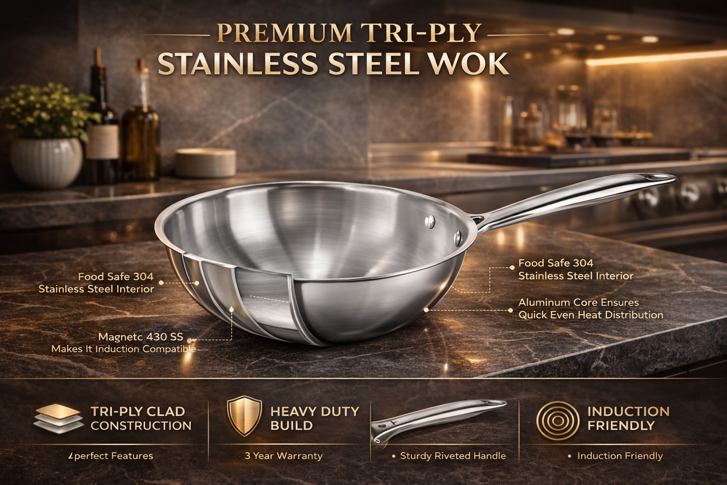 WEKTU Premium Tri-Ply Stainless Steel Wok – 20cm Induction Compatible Deep Stir-Fry Pan (1.5L)