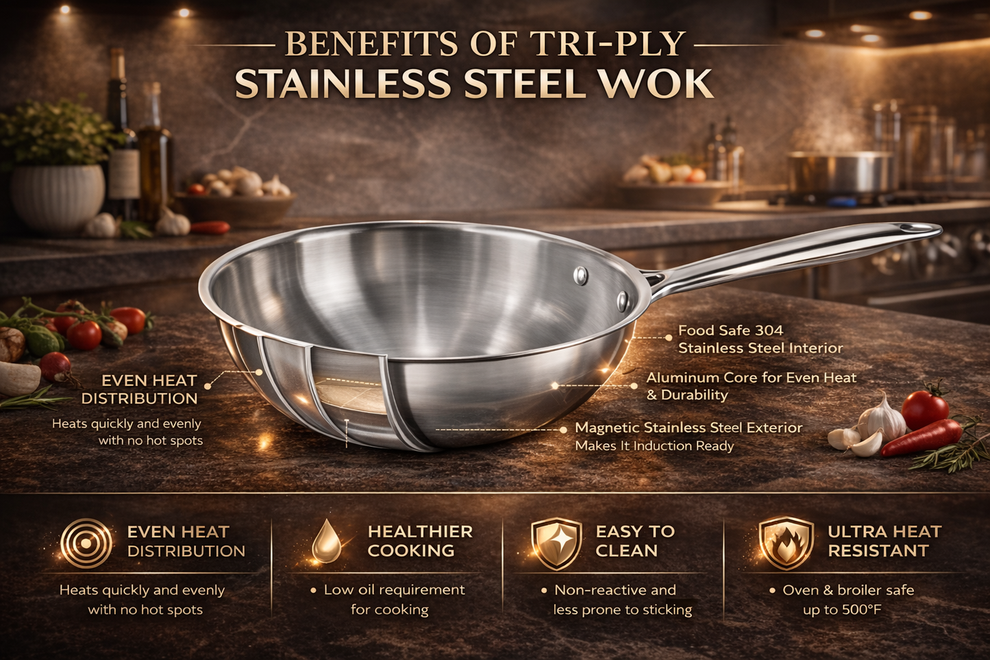 WEKTU Premium Tri-Ply Stainless Steel Wok with Lid – 22cm Induction Compatible Deep Stir-Fry Pan (2.2L)