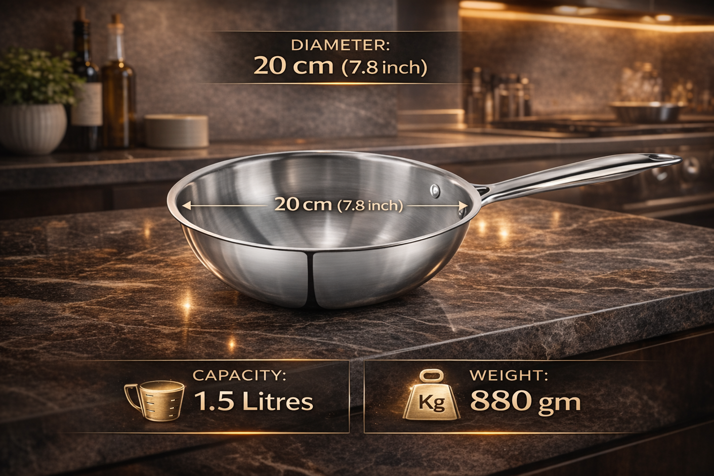 WEKTU Premium Tri-Ply Stainless Steel Wok – 20cm Induction Compatible Deep Stir-Fry Pan (1.5L)
