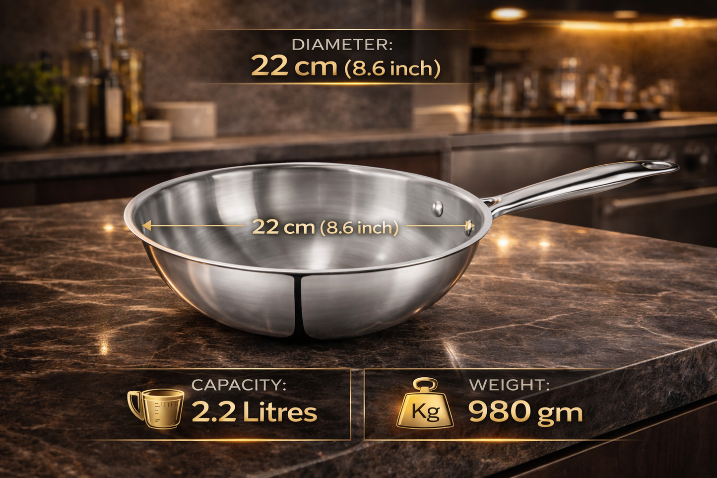 WEKTU Premium Tri-Ply Stainless Steel Wok with Lid – 22cm Induction Compatible Deep Stir-Fry Pan (2.2L)