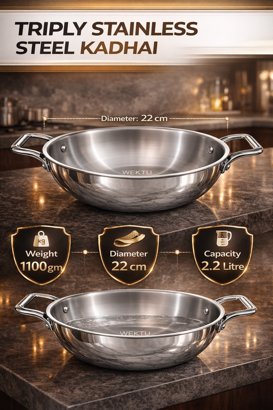 WEKTU Premium 22cm Tri-Ply Stainless Steel Kadhai – 2.2 Litre Induction Compatible Deep Fry Pan (2.5mm Heavy Gauge)