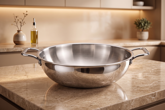 WEKTU Premium 26cm Tri-Ply Stainless Steel Kadhai  – 3.5 Litre Large Family-Sized Induction Compatible Deep Fry Pan