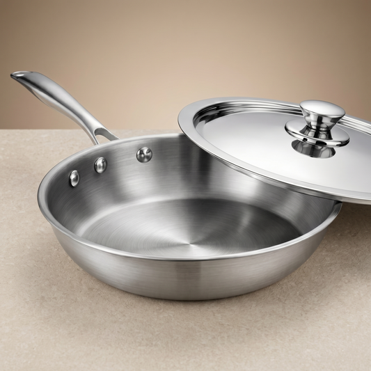 WEKTU Premium 24cm Tri-Ply Stainless Steel Frypan with Lid – 2 Litre Induction & Gas Compatible Heavy-Duty Skillet