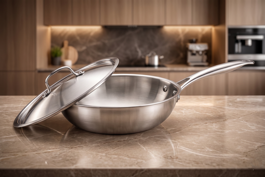 WEKTU Premium 22cm Tri-Ply Stainless Steel Wok with Lid – 2.2 Litre Induction Compatible Deep Stir-Fry Pan