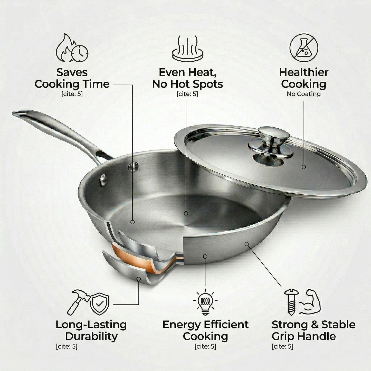 WEKTU Premium Tri-Ply Stainless Steel Frypan with Lid – 20cm Induction Compatible Skillet for Healthy Cooking