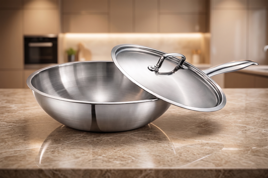WEKTU Premium 24cm Tri-Ply Stainless Steel Wok with Lid – 3 Litre Family-Sized Induction Compatible Stir-Fry Pan