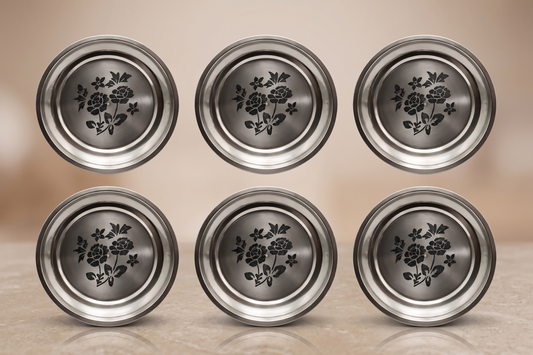 WEKTU Premium Stainless Steel Quarter Plate Set (Pack of 6) – 18 cm (7 inch) Floral Engraved Small Plates | Food Safe & Mirror Polished Finish