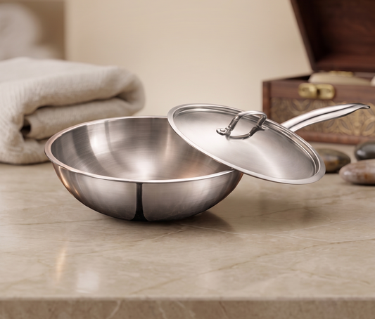 WEKTU Premium 20cm Tri-Ply Stainless Steel Wok with Lid – 1.5 Litre Induction Compatible Deep Stir-Fry Pan