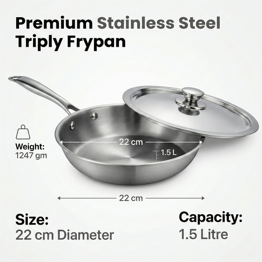 WEKTU Premium 22cm Tri-Ply Stainless Steel Frypan with Lid – Induction & Gas Compatible Heavy-Duty Skillet (1.5L)