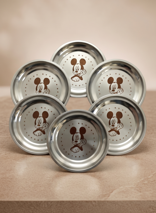 WEKTU Premium Stainless Steel Mickey Mouse Kids Plate Set (Pack of 6) – 18 cm Food-Grade Small Quarter Plates | Mirror-Polished & Hygienic