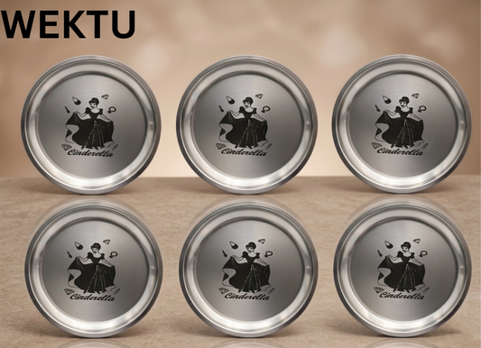 WEKTU Premium Stainless Steel Cinderella Engraved Plate Set (Pack of 6) – 18 cm Small Quarter Plates for Snacks & Dining | Rust-Proof & Food Safe