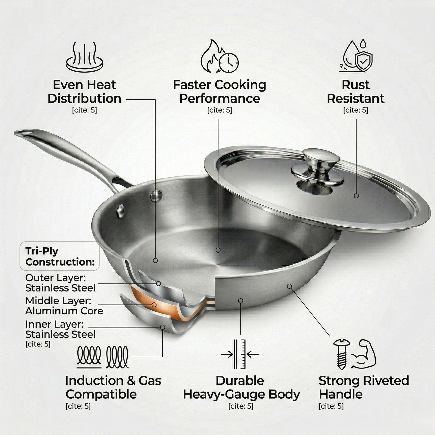 WEKTU Premium Tri-Ply Stainless Steel Frypan with Lid – 20cm Induction Compatible Skillet for Healthy Cooking