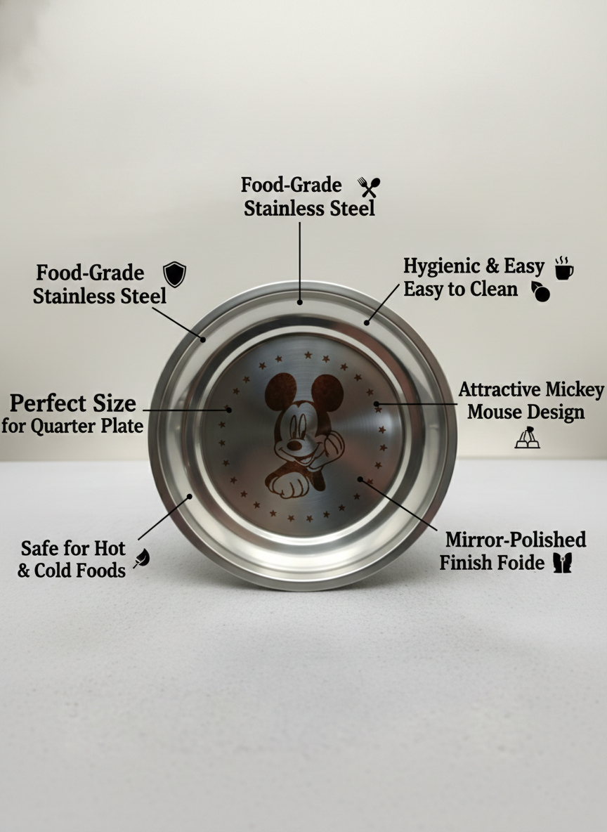 WEKTU Premium Stainless Steel Mickey Mouse Kids Plate Set (Pack of 6) – 18 cm Food-Grade Small Quarter Plates | Mirror-Polished & Hygienic