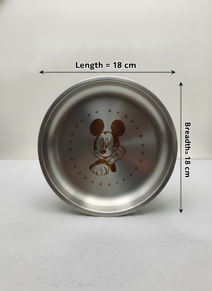 WEKTU Premium Stainless Steel Mickey Mouse Kids Plate Set (Pack of 6) – 18 cm Food-Grade Small Quarter Plates | Mirror-Polished & Hygienic
