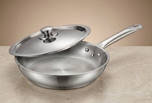 WEKTU Premium 24cm Stainless Steel Frypan with Heavy Induction Bottom – 2.1 Litre Large Skillet with Stainless Steel Lid