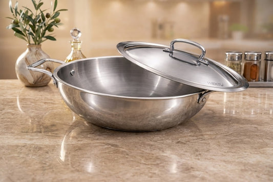 WEKTU Premium 24cm Tri-Ply Stainless Steel Kadhai with Lid – 3 Litre Induction Compatible Deep Stir-Fry Pan & Wok