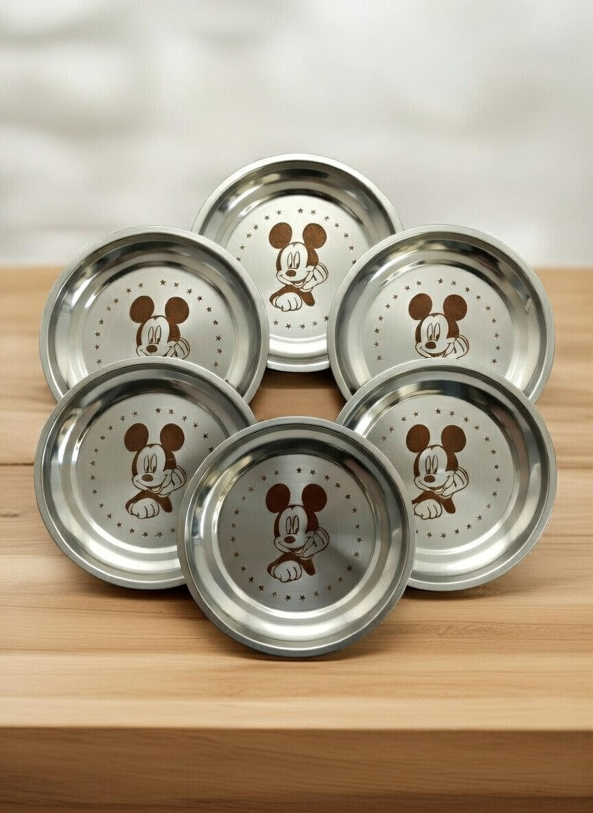 WEKTU Premium Stainless Steel Mickey Mouse Kids Plate Set (Pack of 6) – 18 cm Food-Grade Small Quarter Plates | Mirror-Polished & Hygienic